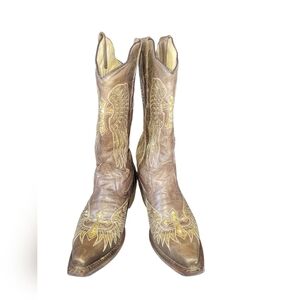 Veretta Brown Women's Leather Cowboy Boots Gold Embroidery Snip Toe Pull On